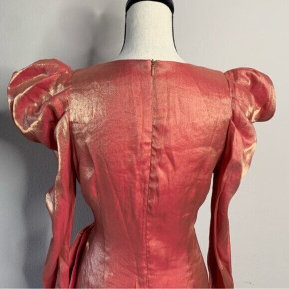 Elliatt Metallic Copper Gold Puff Shoulder Long Sleeve Wrap Mini Dress - Picture 10 of 13